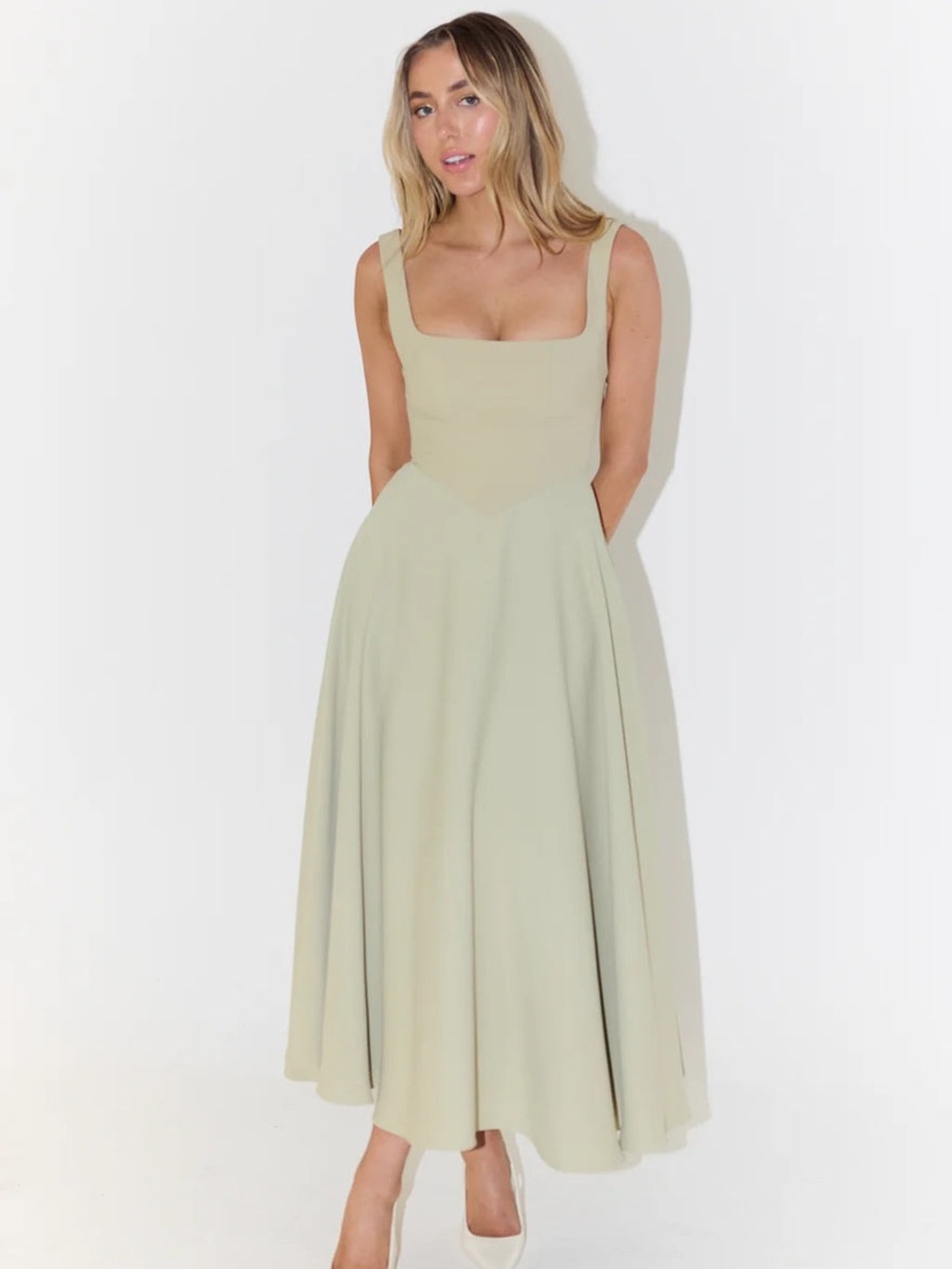 Odd Muse The Ultimate Muse Sage Neutral Beige Square Neck Midi Dress - Size XXL